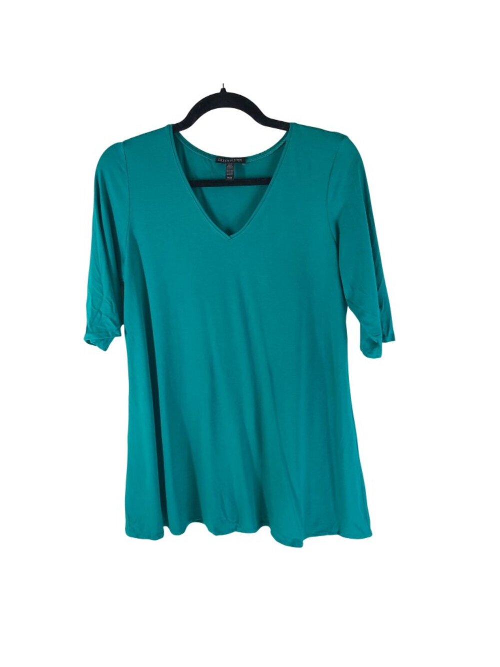 Eileen Fisher Green V-Neck 3/4 Sleeve Tunic Top Size M USA Made Minimalist